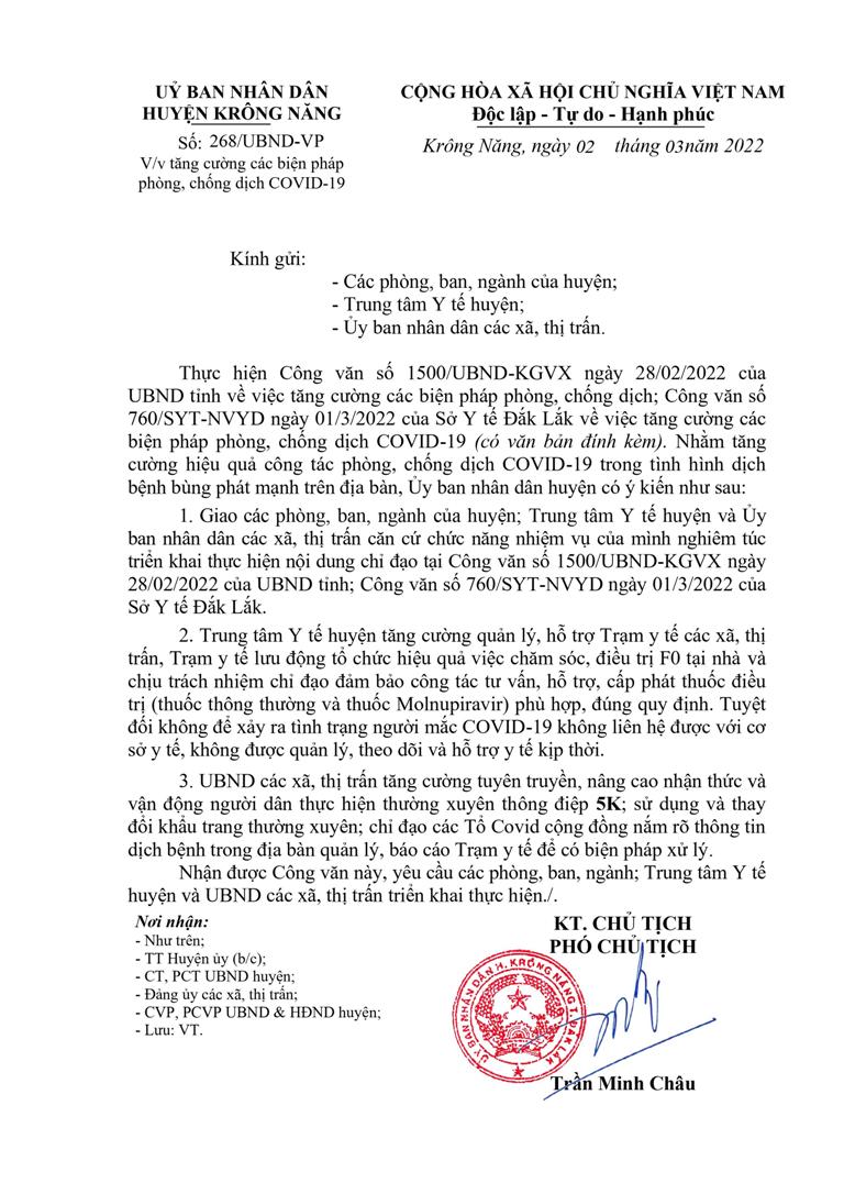Công văn của UBND huyện Krông Năng về việc tăng cường các biện pháp phòng chống dịch COVID-19